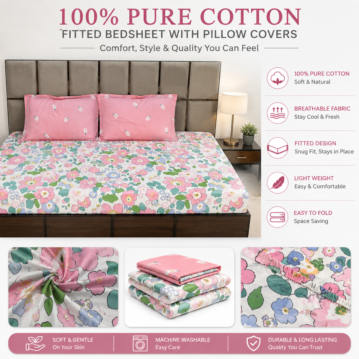 Jazkaa Luxe Mix & Match Elastic Fitted King Size Bedsheet with 2 Pillow Covers | Premium Cotton Fitted Bed Sheet for King Bed | Soft Breathable Bedding Set