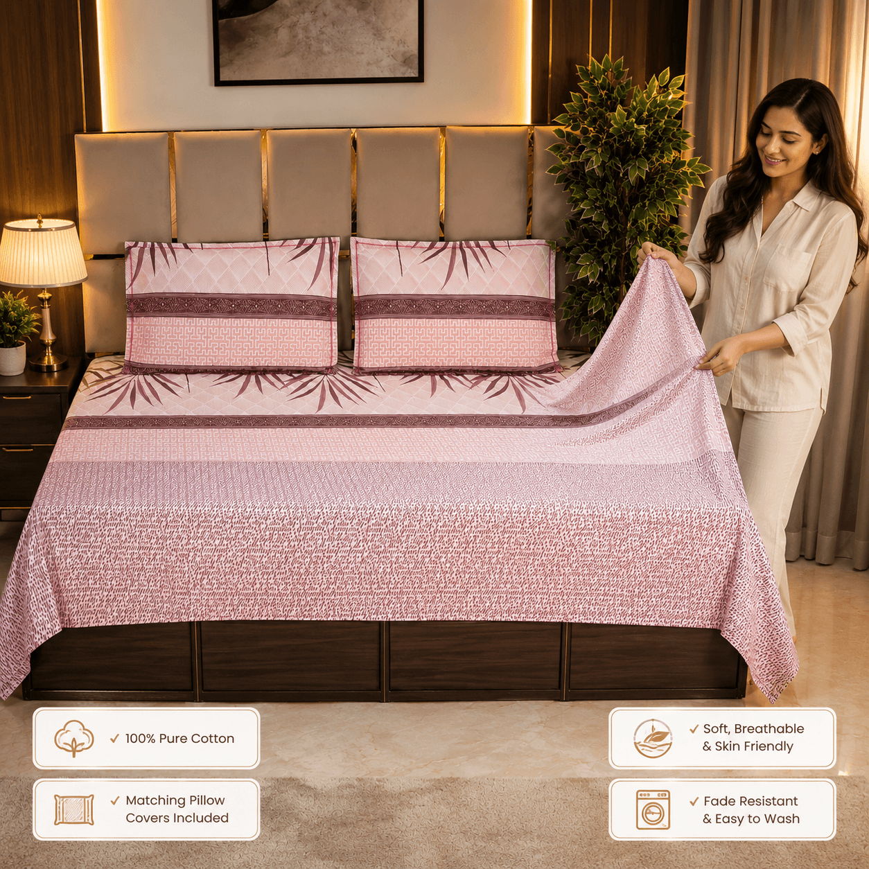 Pink Palms Print Solitaire pure cotton bedsheet Pink Palms Print Solitaire pure cotton bedsheet