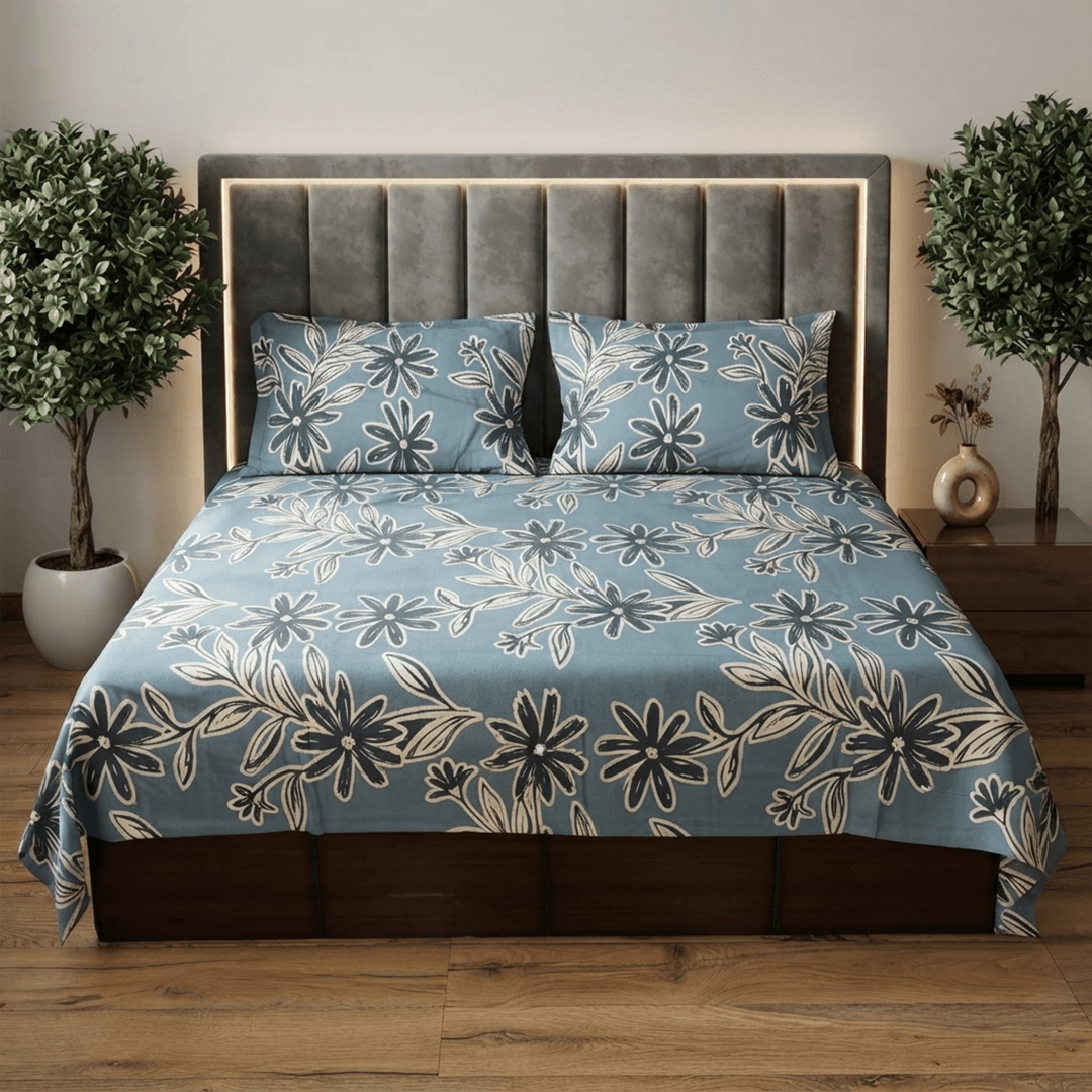 Floral Muted Blue Moris pure cotton bedhseet