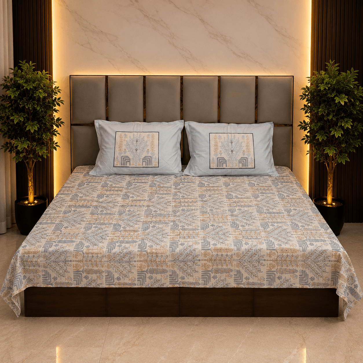 Geometric Motif Blue pure cotton king size bedsheet