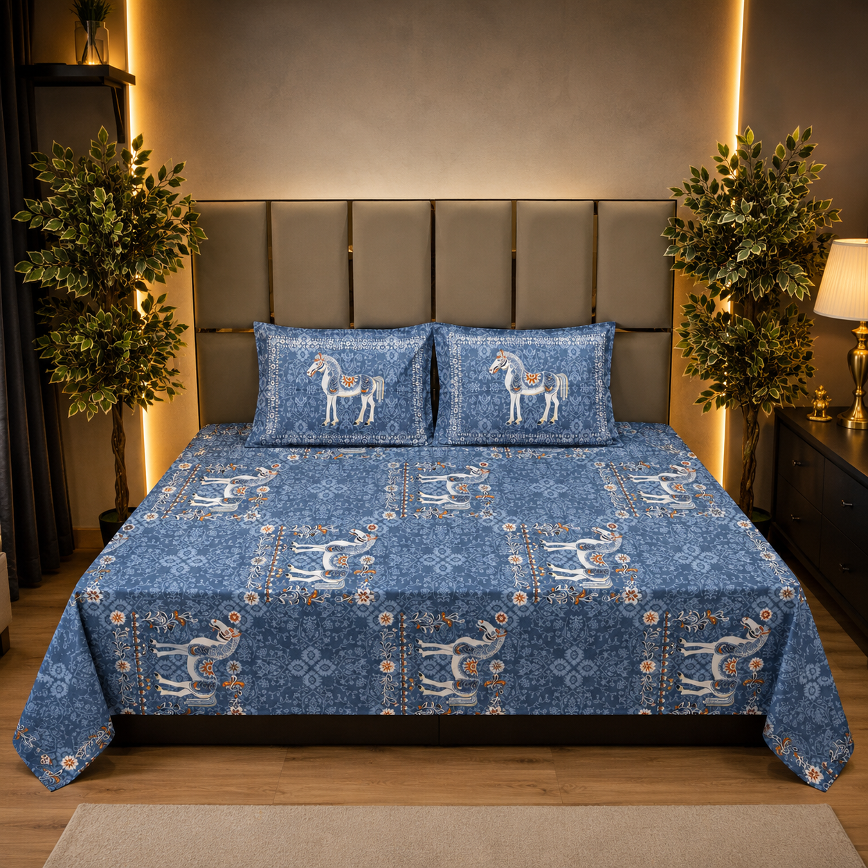 Jaipuri Horse Blue Rangmahal Pure Cotton Bedsheet