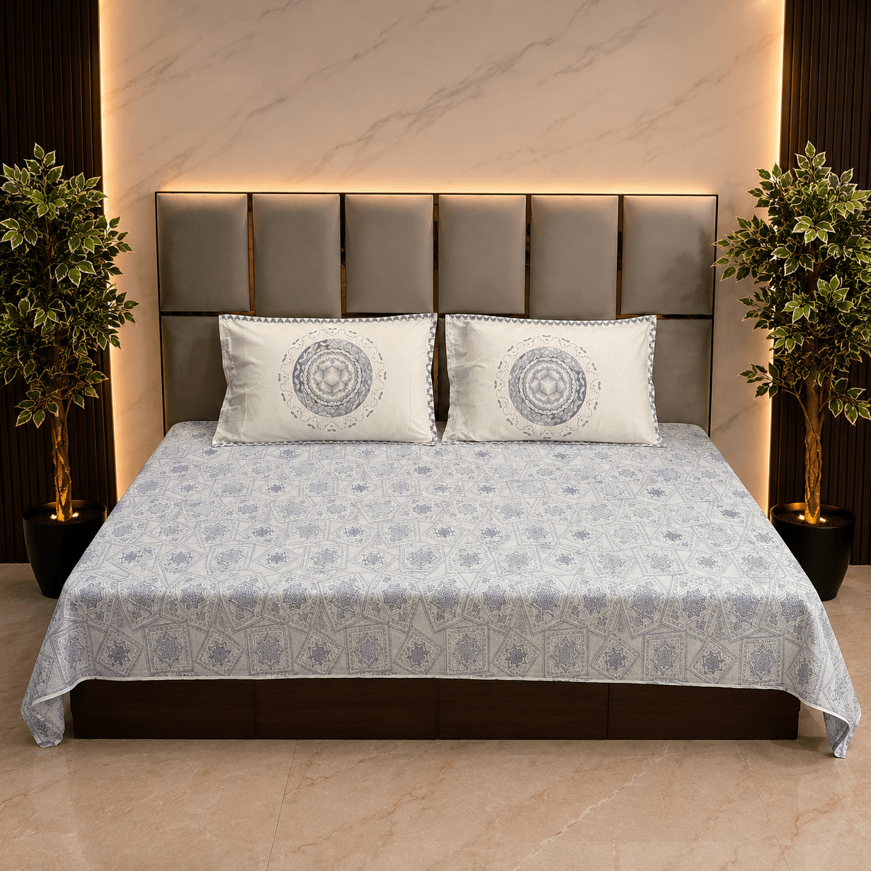 Ornate Tile Blue pure cotton king size bedsheet