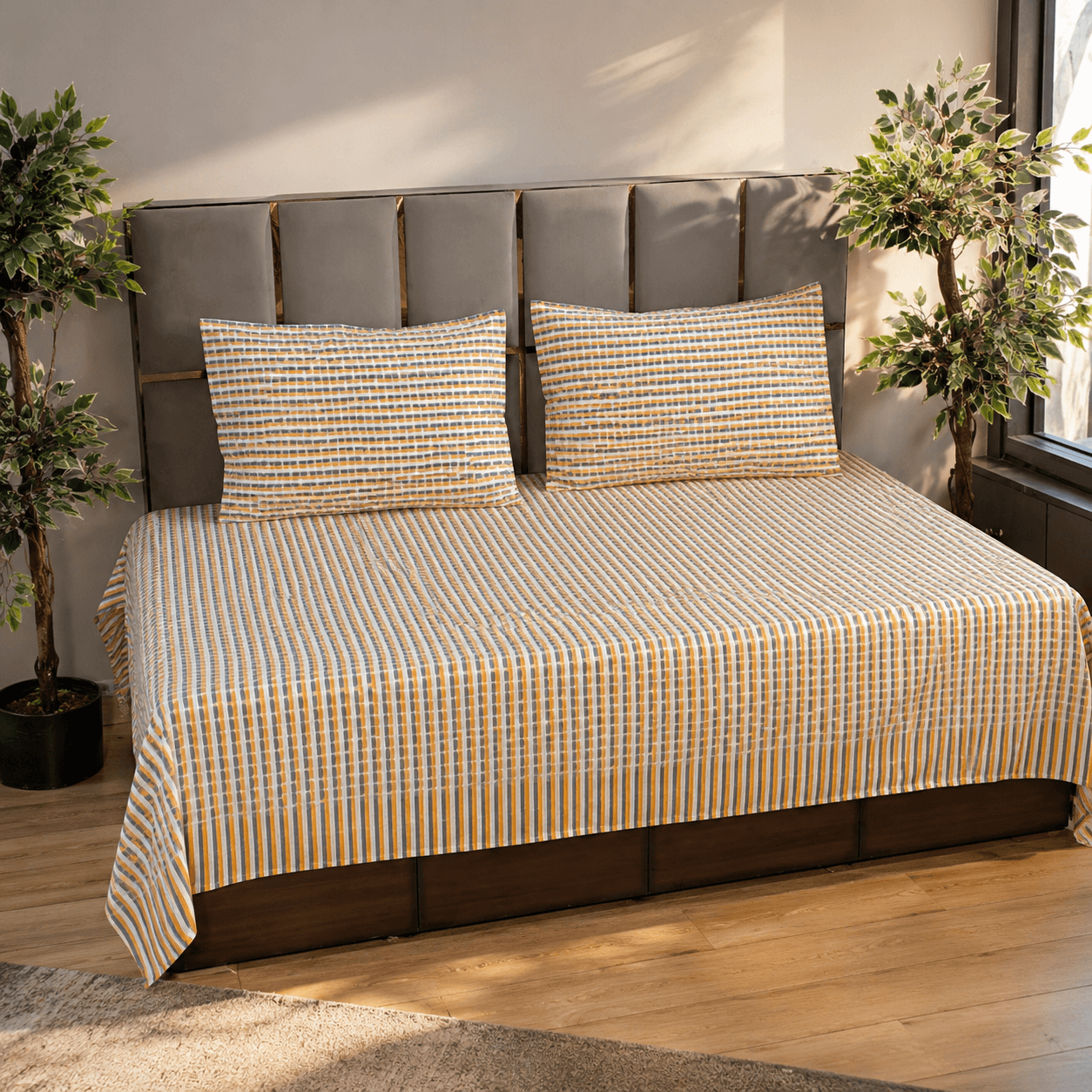 Stripe Check Yellow king size pure cotton bedsheet