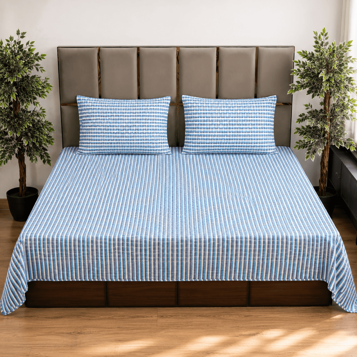 Stripe Check blue king size pure cotton bedsheet
