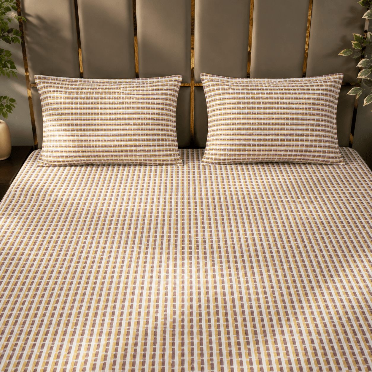 Stripe Check brown king size pure cotton bedsheet