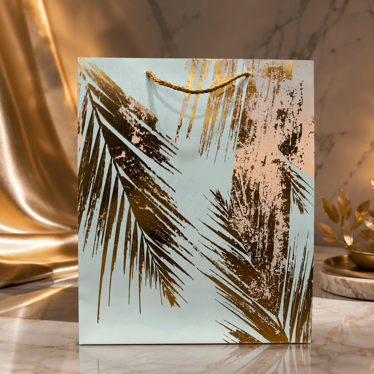 Sky Blue Tropical Gold Leaf Paper Gift Bag Sky Blue Tropical Gold Leaf Paper Gift Bag