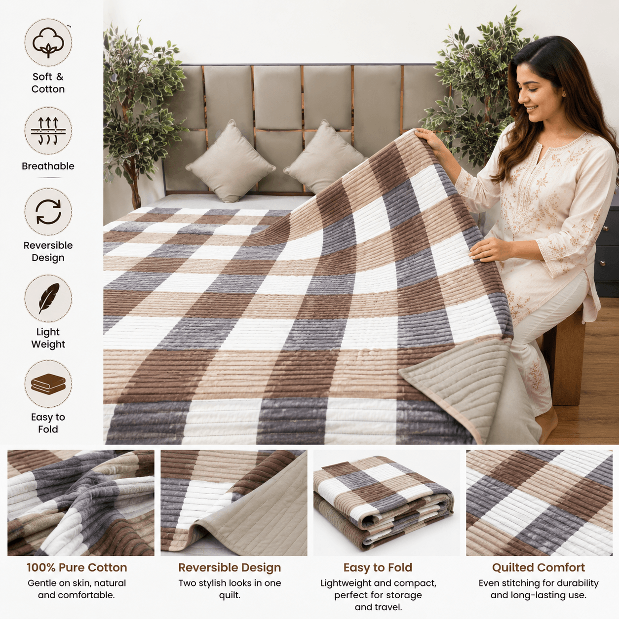 Mocha Brown Checks soft touch ac quilts