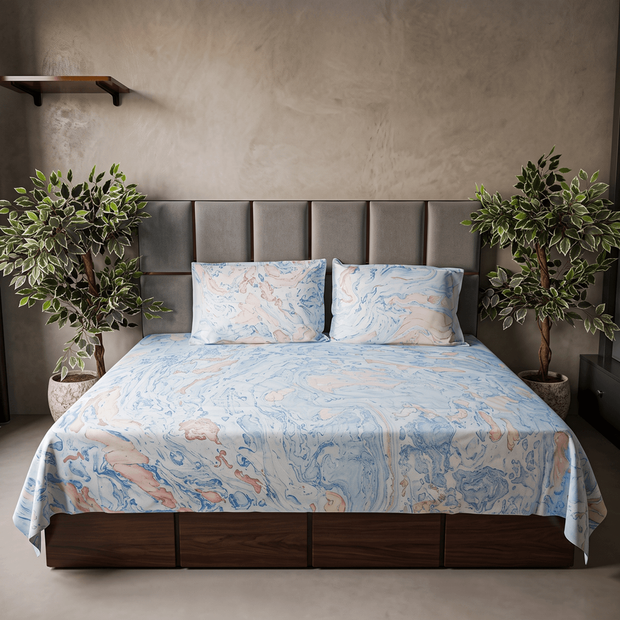 Blue Quartz Marble Print Bedsheet with matching pillow Cover