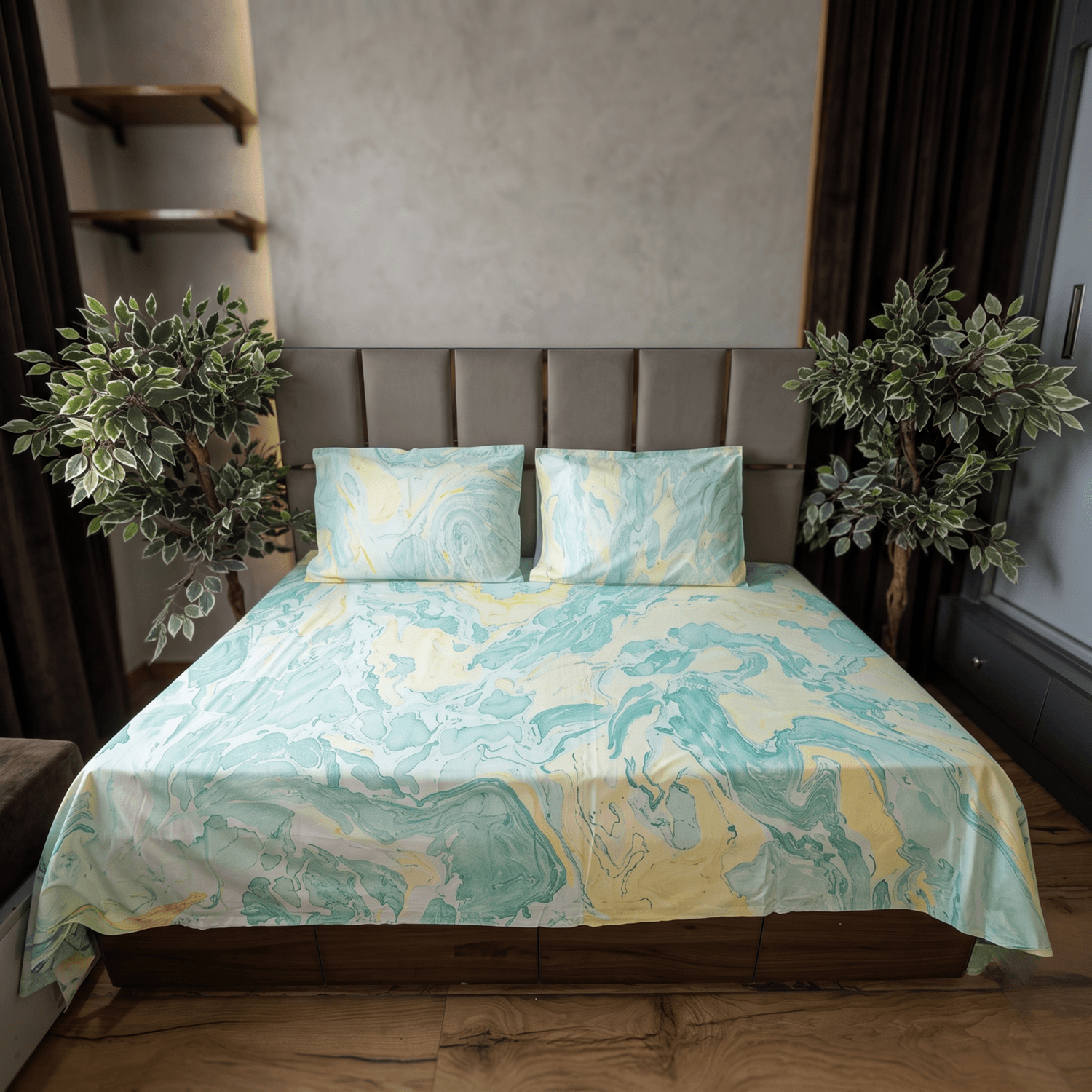 Mint Luxe Marble Print Bedsheet with matching pillow Cover
