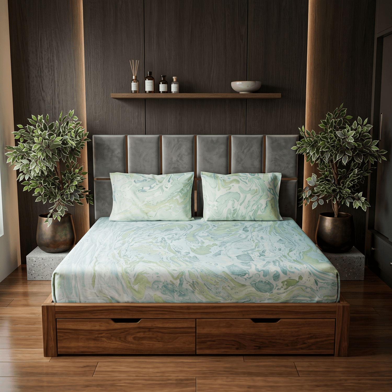 Celadon Marble Print Bedsheet with matching pillow Cover